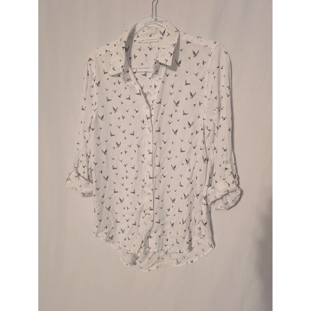 Jane + Delancey Womens Medium White Navy Blue Bird Print Button Down Shirt Top